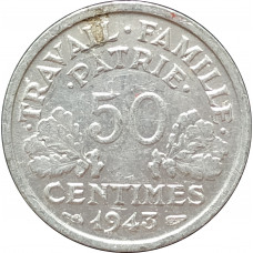 50 сантимов 1943 Франция без знака монетного двора из оборота