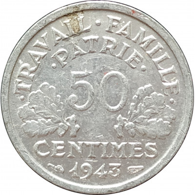 50 сантимов 1943 Франция без знака монетного двора из оборота