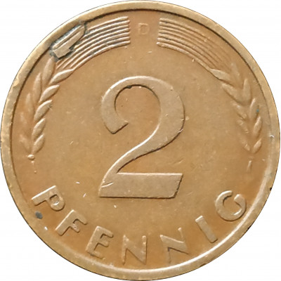 2 пфеннига 1950 Германия D из оборота 2 пфеннига 1950 Германия D из оборота