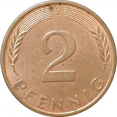 2 пфеннига 1992 Германия J из оборота 2 пфеннига 1992 Германия J из оборота